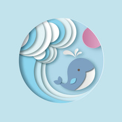 Little cartoon whale with stylized waves and pink sun. Paper cut out digital craft style. Carving art. Vector illustration