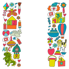 Kindergarten preschool school children. Kids drawing style vector pattern. Play grow learn together.