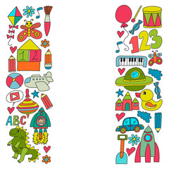 Kindergarten preschool school children. Kids drawing style vector pattern. Play grow learn together.
