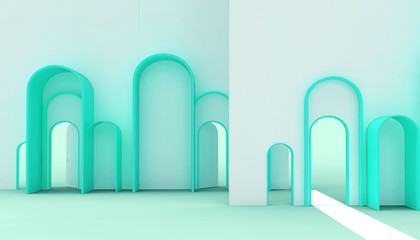 Door Minimal idea space room and creative  business Concept on Blue - Green background - 3d rendering