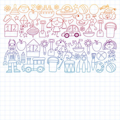 Fototapeta na wymiar Kindergarten preschool school children. Kids drawing style vector pattern. Play grow learn together.