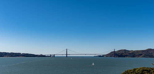 Panorama shot of the San Francisco California Downtown Skyline and Golden Gate Bridge from Alcatraz viewing deck