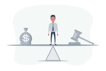 Bag of money with a dollar sign and a judge's hammer on the scales. Concept lobbying for the adoption of a law or a norms, corruption. Payment of fines and penalties. award of compensation for damage
