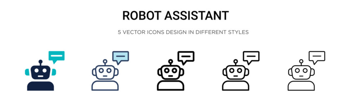 Robot assistant icon in filled, thin line, outline and stroke style. Vector illustration of two colored and black robot assistant vector icons designs can be used for mobile, ui, web
