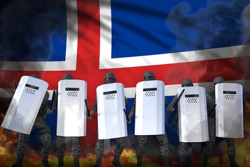 Iceland police squad in heavy smoke and fire protecting state against riot - protest stopping concept, military 3D Illustration on flag background