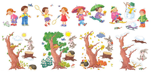 Four seasons. Spring, summer, autumn, winter. Set of 8 pictures. Cute boy and girl are playing outdoors. In the forest. Coloring book. Poster. Illustration for children. Cartoon characters