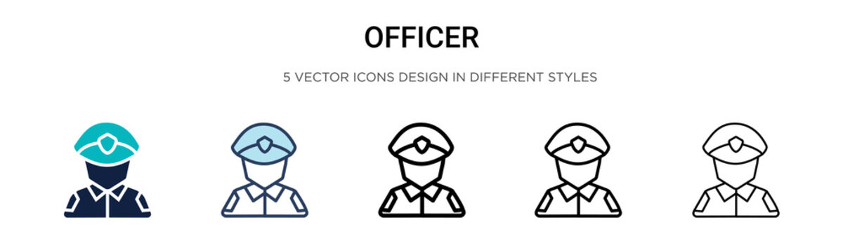 Officer icon in filled, thin line, outline and stroke style. Vector illustration of two colored and black officer vector icons designs can be used for mobile, ui, web