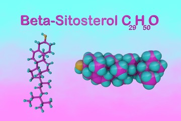 Structural chemical formula and molecular model of beta-sitosterol, a white waxy powder with a characteristic odor, and one of the components of E499. 3d illustration