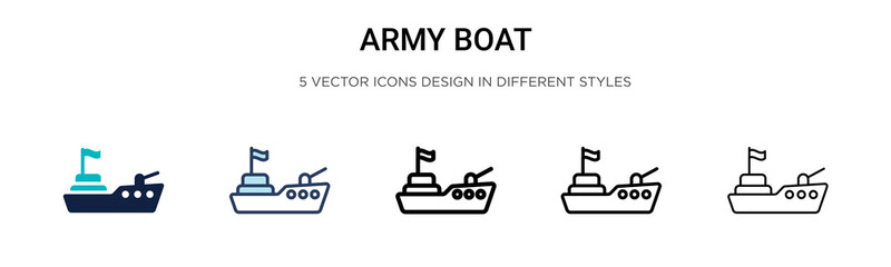 Army boat icon in filled, thin line, outline and stroke style. Vector illustration of two colored and black army boat vector icons designs can be used for mobile, ui, web