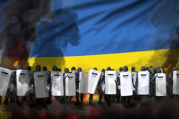 Ukraine protest fighting concept, police swat in heavy smoke and fire protecting state against mutiny - military 3D Illustration on flag background