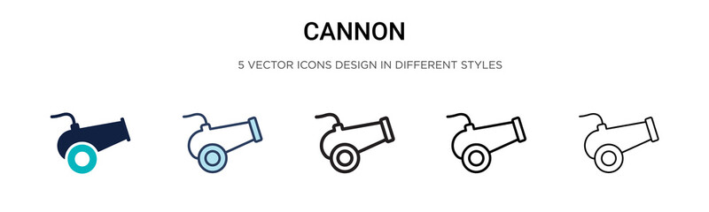 Cannon icon in filled, thin line, outline and stroke style. Vector illustration of two colored and black cannon vector icons designs can be used for mobile, ui, web - obrazy, fototapety, plakaty