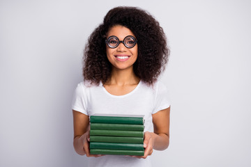 Close-up portrait of her she nice attractive cheerful cheery wavy-haired girl nerd wearing thick...