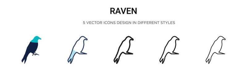 Raven icon in filled, thin line, outline and stroke style. Vector illustration of two colored and black raven vector icons designs can be used for mobile, ui, web