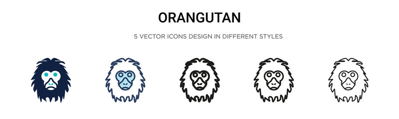 Orangutan icon in filled, thin line, outline and stroke style. Vector illustration of two colored and black orangutan vector icons designs can be used for mobile, ui, web
