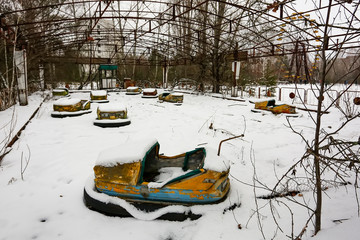 Abandoned amusement park in ghost town Prypiat. Priryat, Chornobyl exclusion zone. December 2016