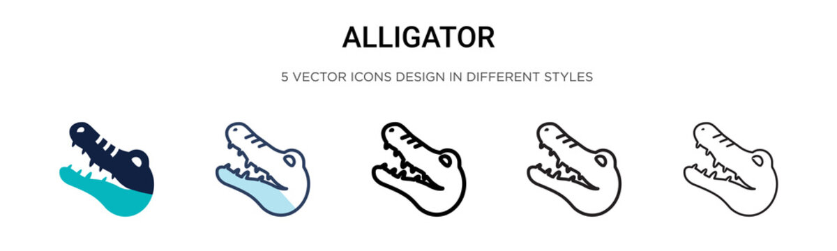 Alligator icon in filled, thin line, outline and stroke style. Vector illustration of two colored and black alligator vector icons designs can be used for mobile, ui, web