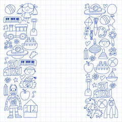 Kindergarten preschool school children. Kids drawing style vector pattern. Play grow learn together.