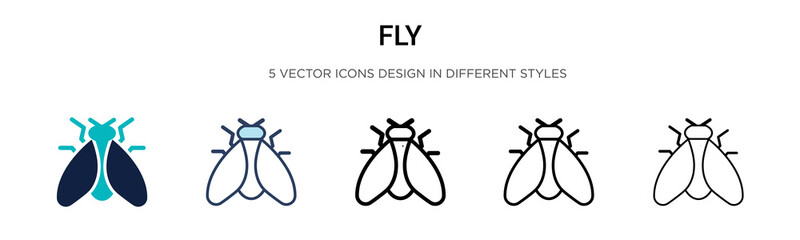 Fly icon in filled, thin line, outline and stroke style. Vector illustration of two colored and black fly vector icons designs can be used for mobile, ui, web