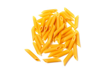 Penne pasta isolated. Raw macaroni isolated on white background.