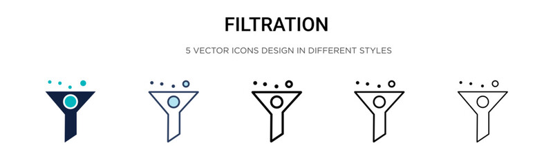 Filtration icon in filled, thin line, outline and stroke style. Vector illustration of two colored and black filtration vector icons designs can be used for mobile, ui, web - obrazy, fototapety, plakaty