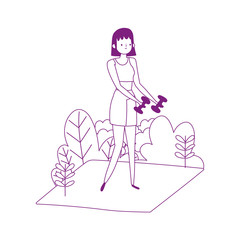 young woman training with gym dumbbells outdoor isolated icon white background