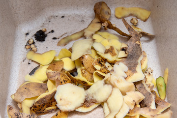 Potato peels lie in the sink, close-up, top view