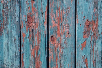Brown old painted boards closeup background. Texture of blue peeling paint on a wooden surface. Narrow Village Fence Planks. vertical lines on grunge wood fence.