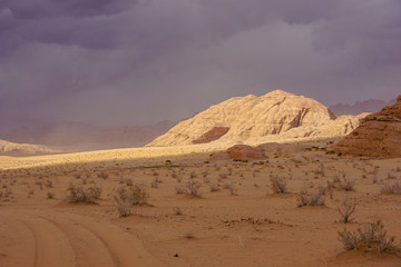 WADI RUM DESERT, JORDAN - FEBRUARY 07, 2020: Iluminated orange rocks during a sand storm under dark rainy sky
