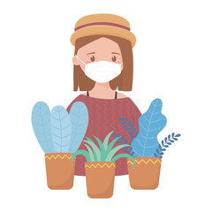 stay at home, young woman with medical mask and potted plants