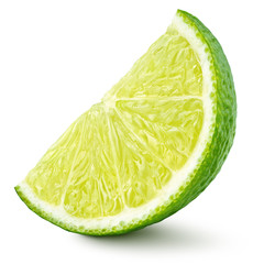 Standing ripe slice of lime citrus fruit isolated on white background with clipping path. Full depth of field.