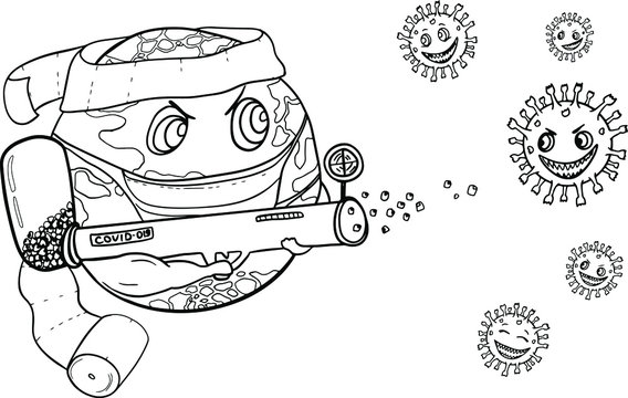 Earth wrapped in toilet paper shoots coronavirus with buckwheat bazooka. Hand drawn humurous doodle vector illustration about the Earth which fight with COVID-19. Isolated on white background.