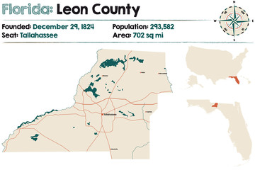Large and detailed map of Leon county in Florida, USA.