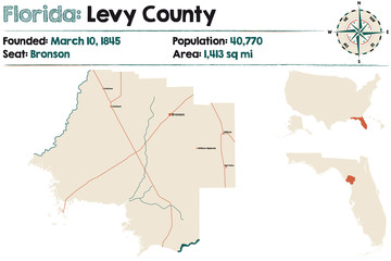 Large and detailed map of Levy county in Florida, USA.