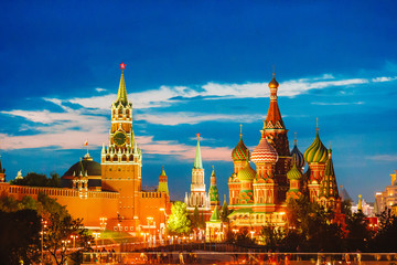 Panoramic view of Moscow landmark during sunset from Zaryadye Park