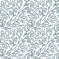 Seamless pattern with hand painted monoline flowers and leaves on a white background. Vector illustration Valentines Day, wedding, birthday greeting card