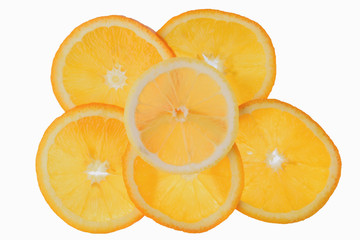 translucent orange slices on a white background, slices of citrus fruit