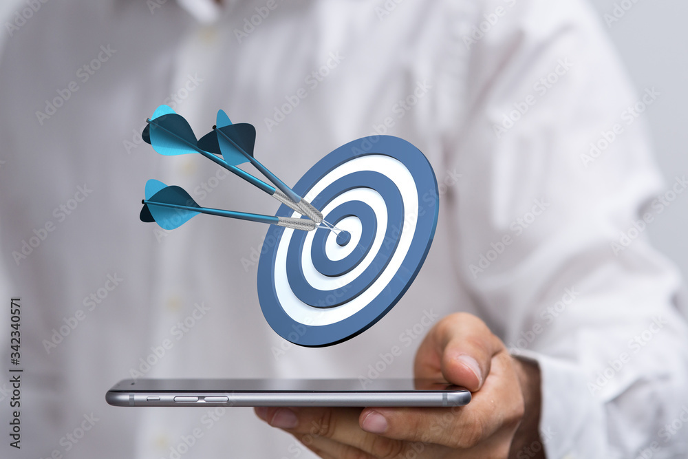 Poster  makes a dart throw on the target. The concept of persistence in business..