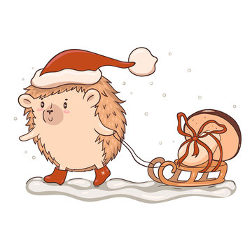 Christmas hedgehog carries a mushroom isolate on a white background. Vector graphics