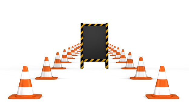 3d rendering of wooden board with way of traffic cones on white background. under construction.