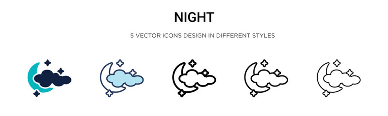 Night icon in filled, thin line, outline and stroke style. Vector illustration of two colored and black night vector icons designs can be used for mobile, ui, web