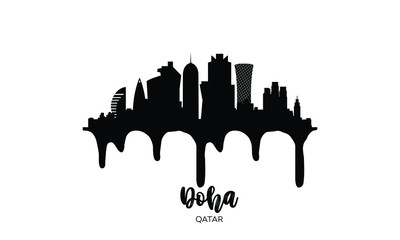 Doha Qatar black skyline silhouette vector illustration on white background with dripping ink effect.