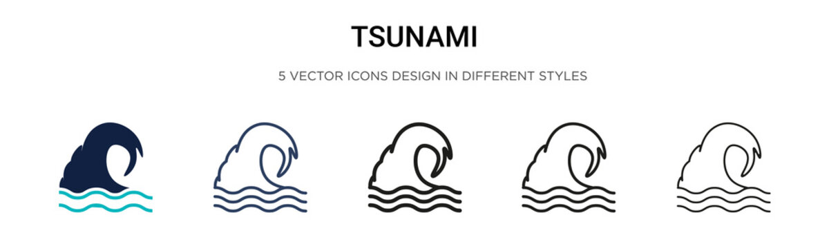 Tsunami icon in filled, thin line, outline and stroke style. Vector illustration of two colored and black tsunami vector icons designs can be used for mobile, ui, web