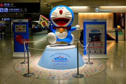 SAPPORO, JAPAN - NOVEMBER 09, 2019: Doraemon figure in front of Doraemon Waku Waku sky park in New Chitose Airport where is a famous tourist attraction in Sapporo, Japan.