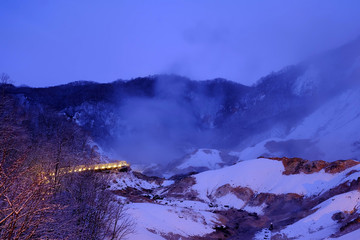 Noboribetsu Hell Valley in Winter at Night where is a Famous Tourist Attraction in Hokkaido, Japan.
