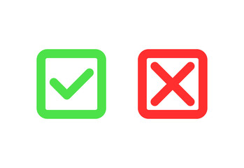 green tick and red cross signs on white background. Check marks. Yes and No symbols for vote, decision, web