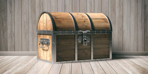 Treasure chest closed, wood wall and floor background. 3d illustration