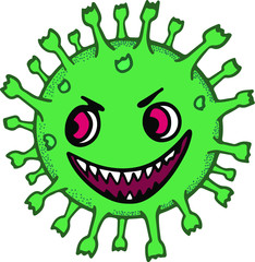 Fototapeta premium Cute agressive doodle illustration of COVID-19 virus. Hand drawn vector. Quarantine positive color cartoon of coronavirus. Isolated on white background. 