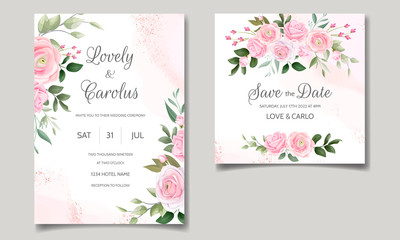 Fototapeta na wymiar Elegant wedding invitation card template set with beautiful pink roses and green leaves