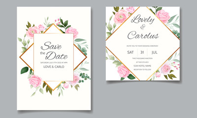Fototapeta premium Elegant wedding invitation card template set with beautiful pink roses and green leaves