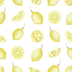 Watercolor seamless pattern of yellow lemon elements.  Isolated drawing on a white background